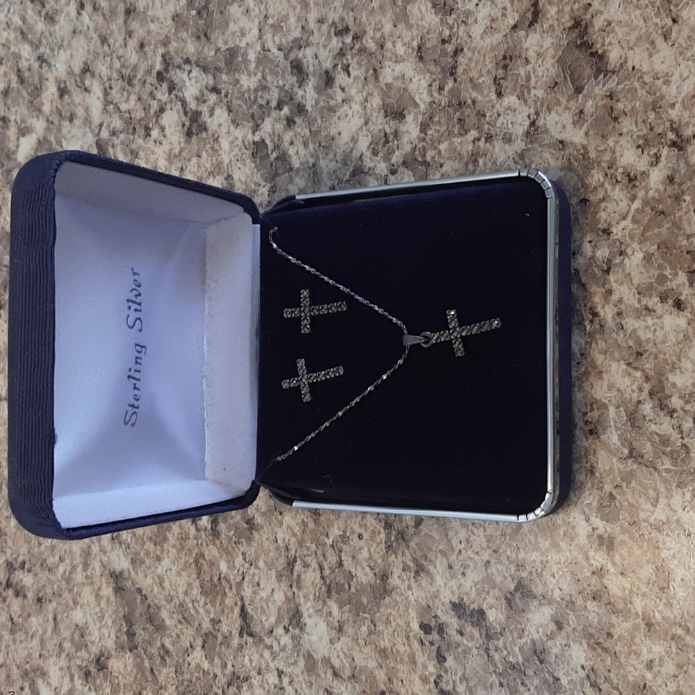Sterling Silver Cross Necklace and Earrings- NIB